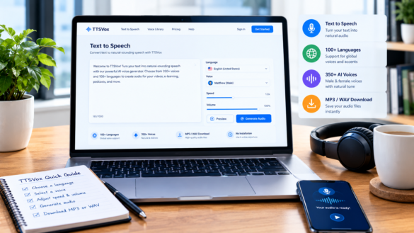 How to use TTSVox text to speech with AI voices, language selection, speed controls, and MP3 WAV download