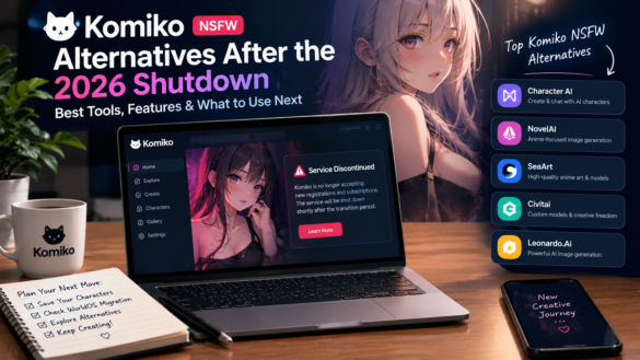 Komiko NSFW alternatives after the 2026 shutdown, showing AI character and anime art platforms