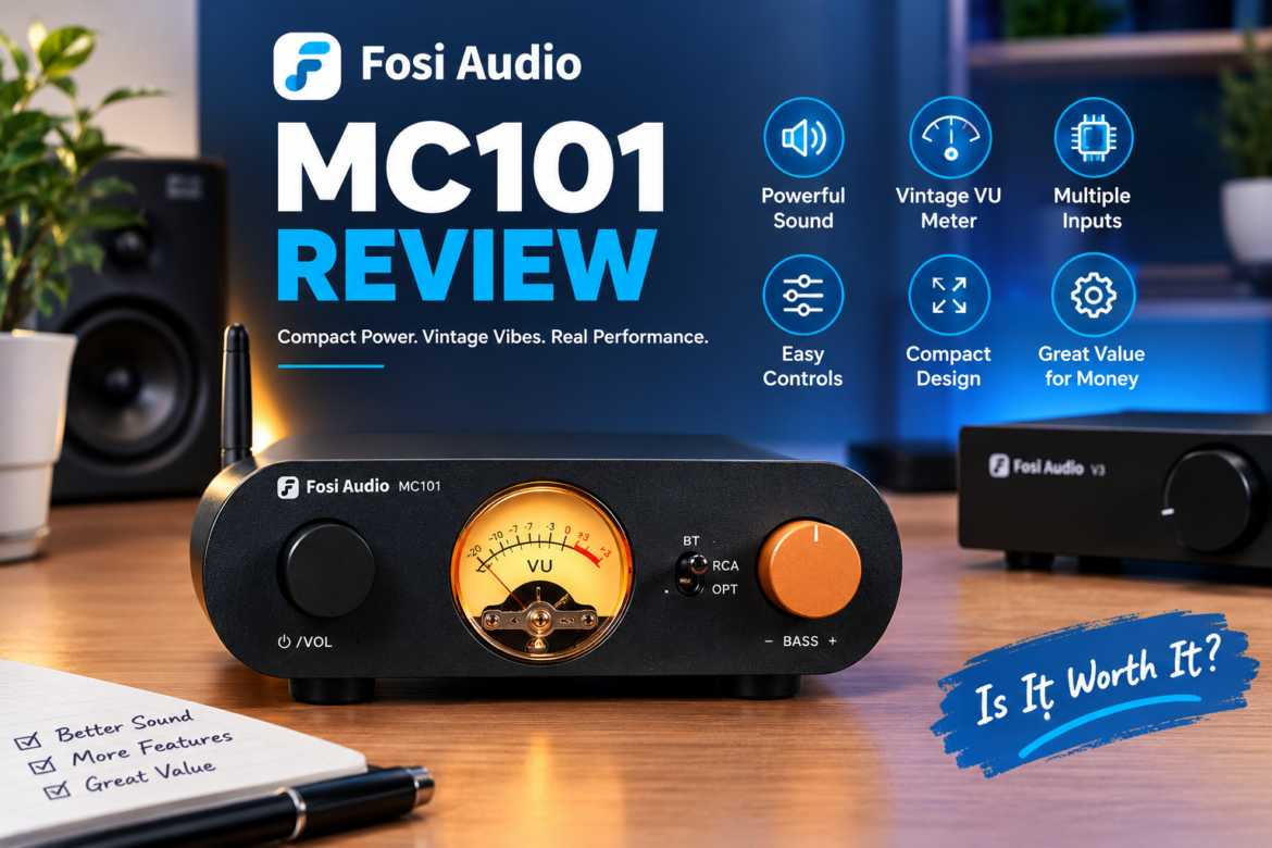 Fosi Audio MC101 review showing Bluetooth stereo amplifier, VU meter, RCA and speaker outputs, tone controls, and compact design