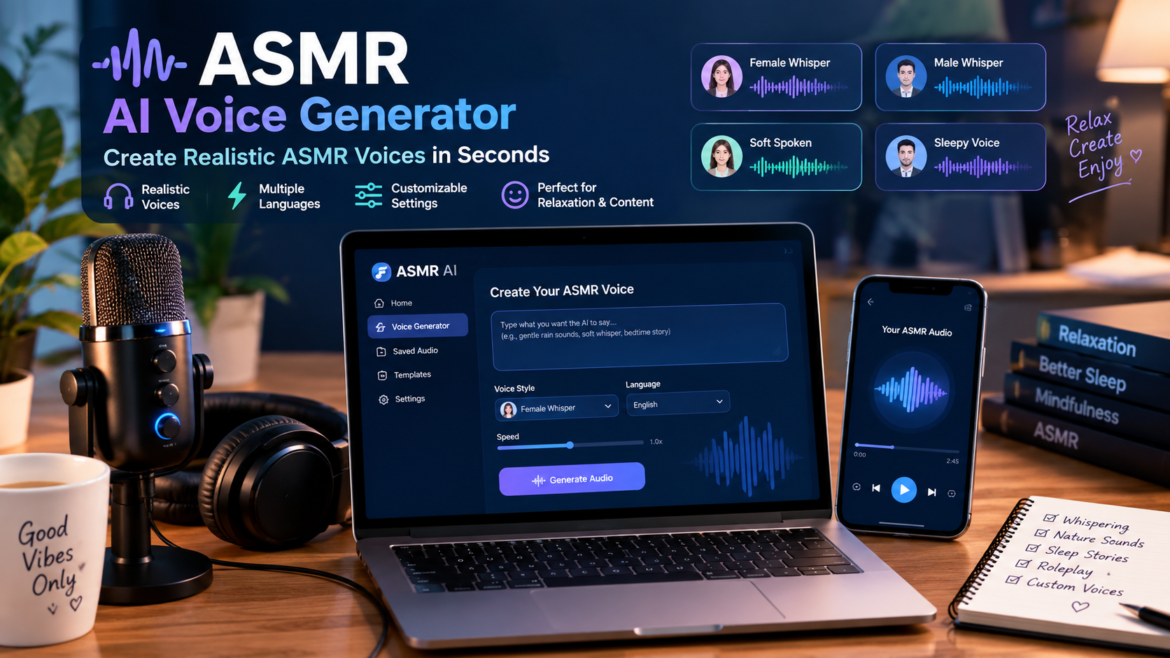 ASMR AI voice generator creating realistic whisper, soft spoken, and relaxing AI voices with customizable audio settings